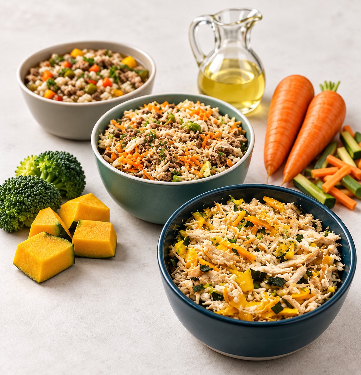 Tres bowls de comida natural Delipet con aceite de oliva, zanahorias, brócoli y zapallo