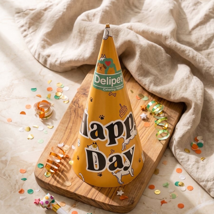 Chulito de cumpleaños Happy Day naranja con el logo de Delipet, rodeado de confeti y serpentinas
