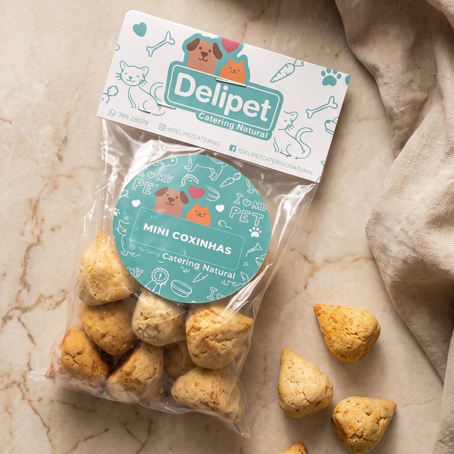 Bolsa de mini coxinhas Delipet con varias coxinhas sueltas al lado