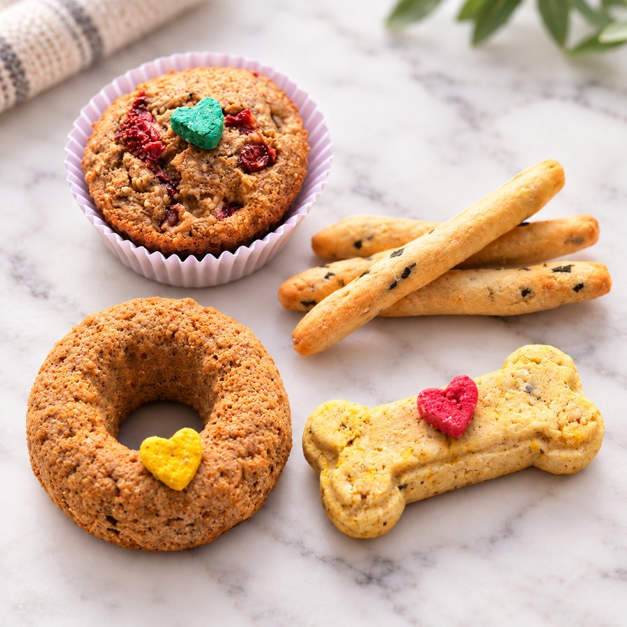 Muffin, donut, palitos de menta y galleta de pollo con forma de hueso, el paquetito de snack dulce de Delipet