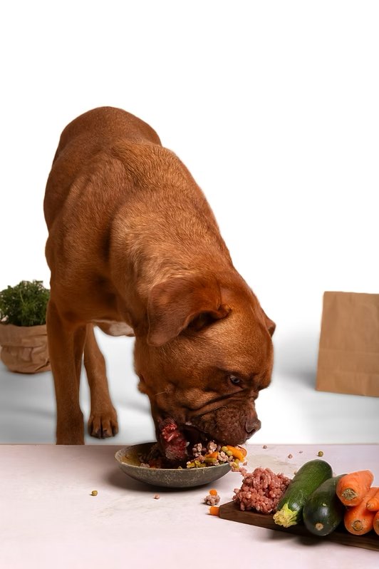 Perro comiendo de su plato comida natural Delipet con carne y verduras frescas