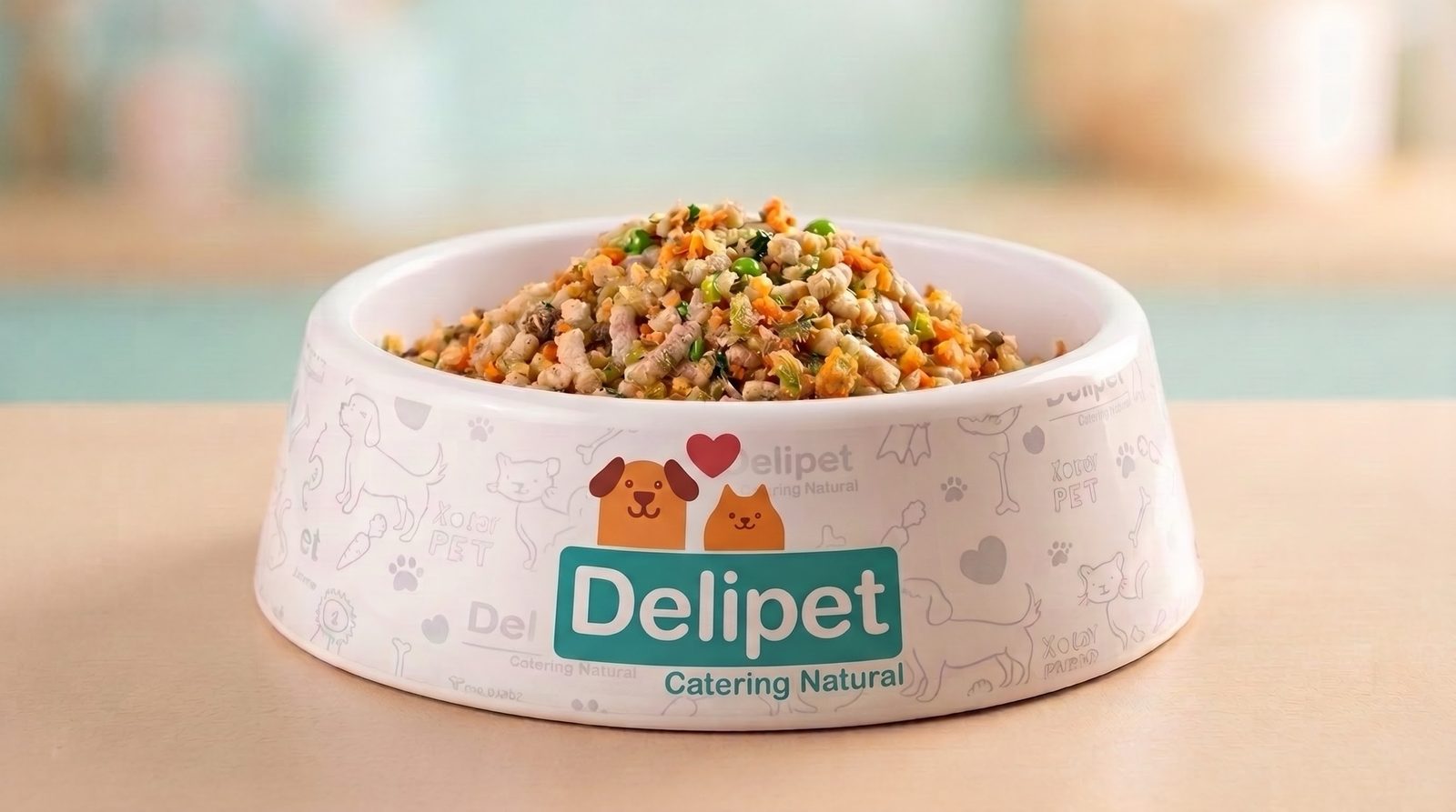 Plato de comida natural Delipet servido en un bowl con la marca
