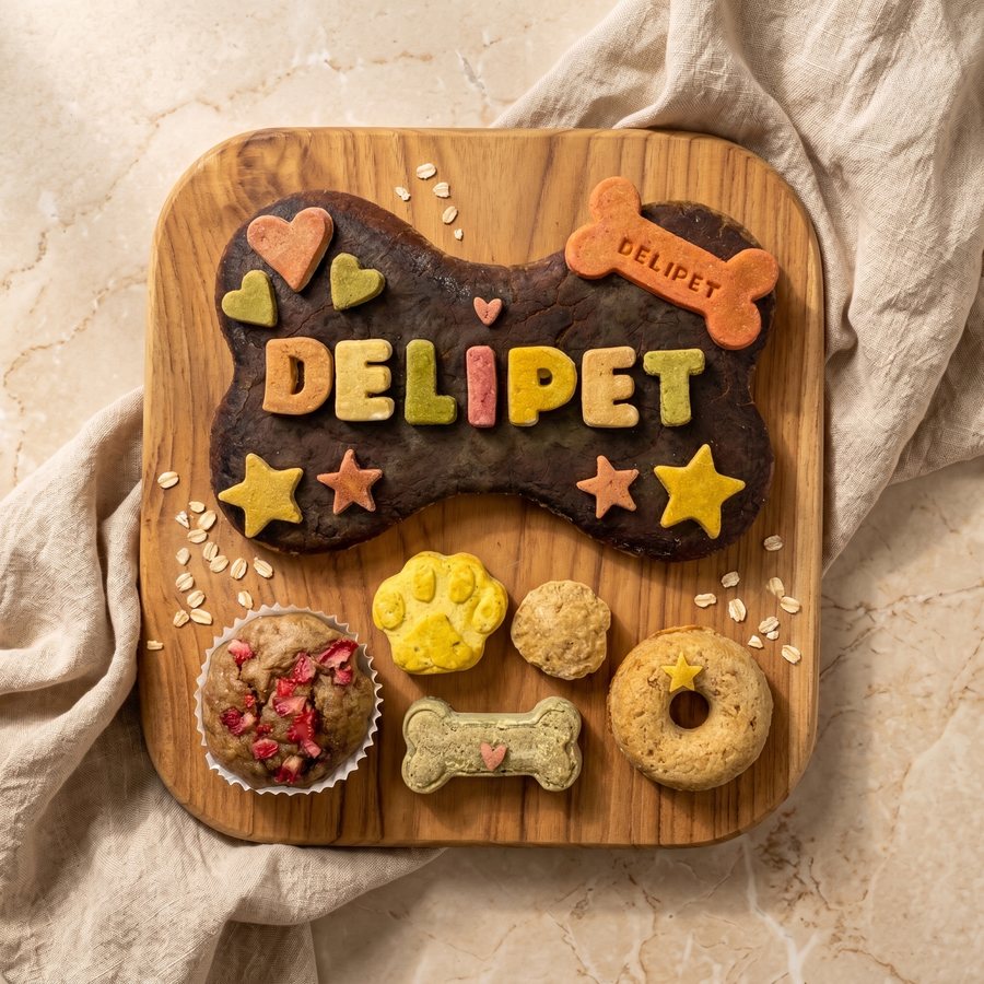 Pack San Roque grande: torta de hígado con forma de hueso y letras DELIPET, estrellas y corazones, y debajo muffin, galleta de huella, snack redondo, hueso y donut