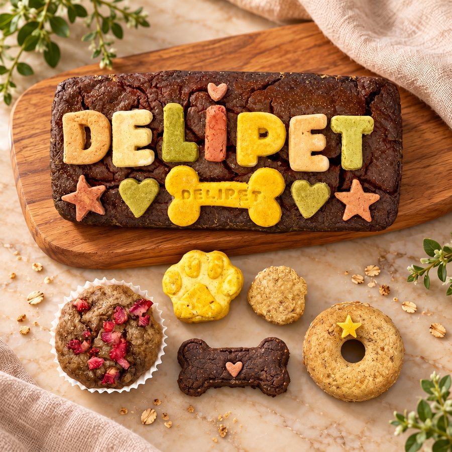 Pack San Roque mediano: torta rectangular de hígado con letras DELIPET, hueso, corazones y estrellas, y debajo muffin, galleta de huella, snack redondo, hueso y donut