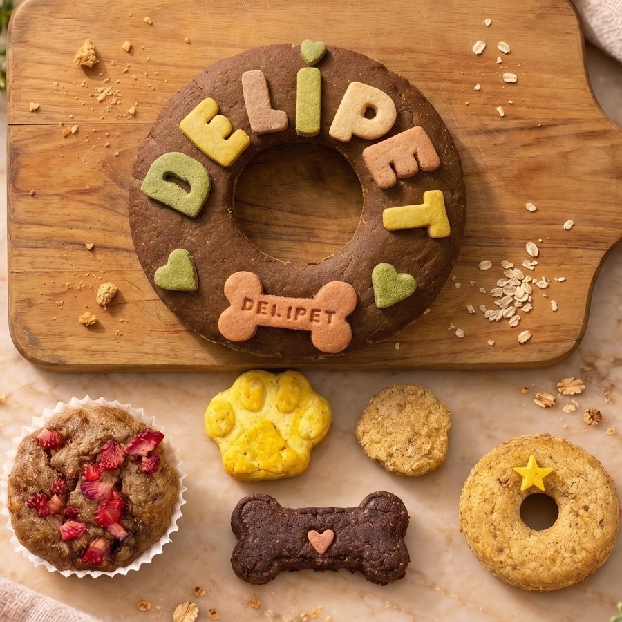 Pack San Roque mediano: torta redonda de hígado con letras DELIPET, hueso y corazones, y debajo muffin, galleta de huella, snack redondo, hueso y donut