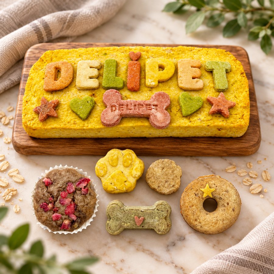 Pack San Roque mediano: torta rectangular de pollo con letras DELIPET, hueso, corazones y estrellas, y debajo muffin, galleta de huella, hueso, donut y snack redondo