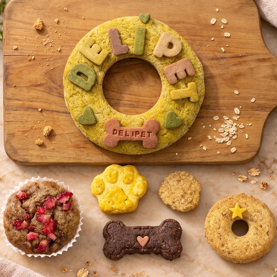 Pack San Roque mediano: torta redonda de pollo con letras DELIPET, hueso y corazones, y debajo muffin, galleta de huella, snack redondo, hueso y donut