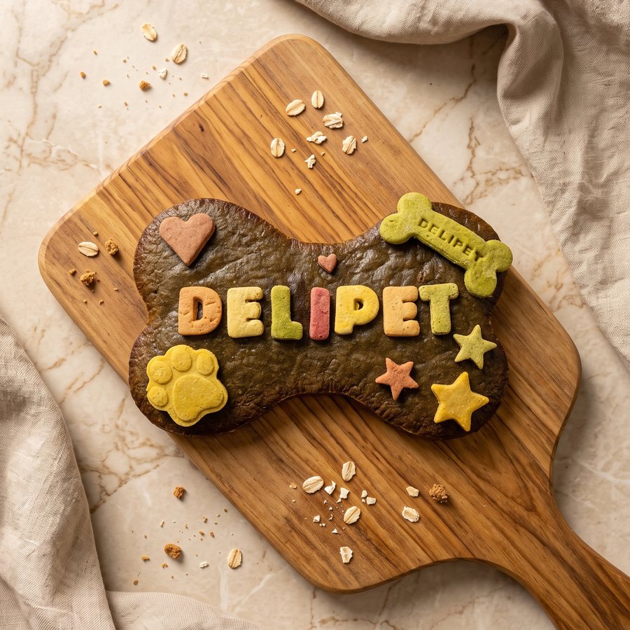 Torta grande de hígado con forma de hueso, decorada con letras DELIPET, huella, estrellas y corazones