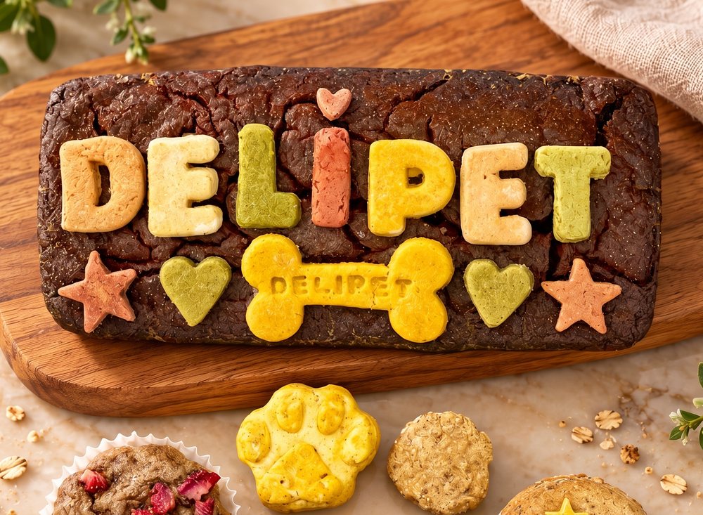 Torta mediana de hígado rectangular con letras DELIPET, hueso, corazones y estrellas