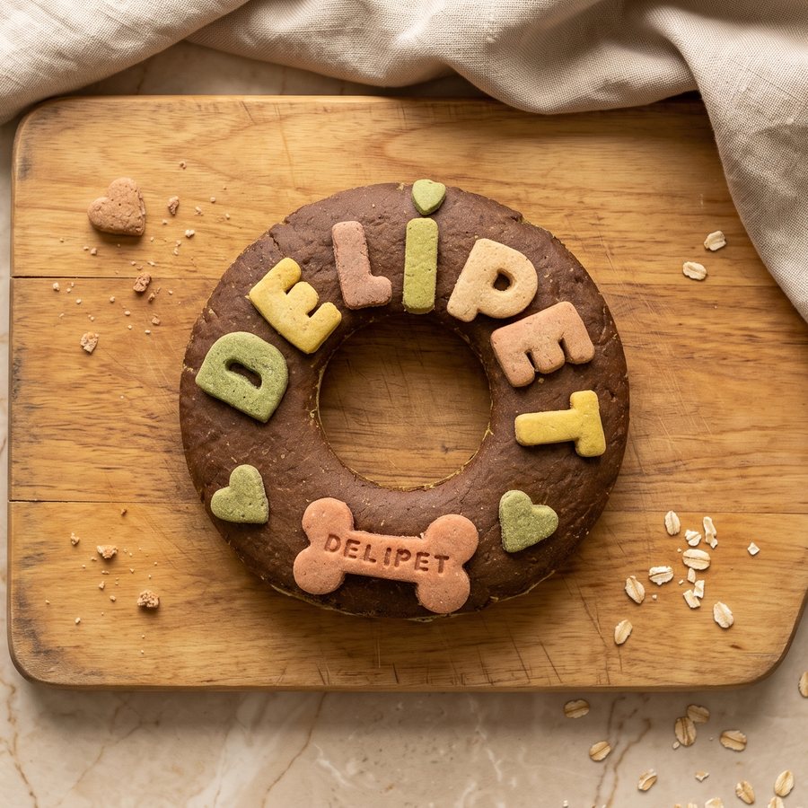 Torta redonda de hígado con letras DELIPET, corazones y un hueso con el nombre Delipet
