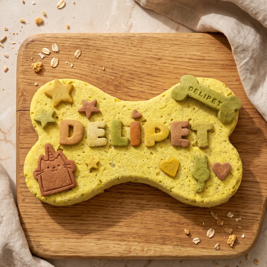 Torta grande de pollo con forma de hueso, decorada con letras DELIPET, estrellas, corazones y galletas