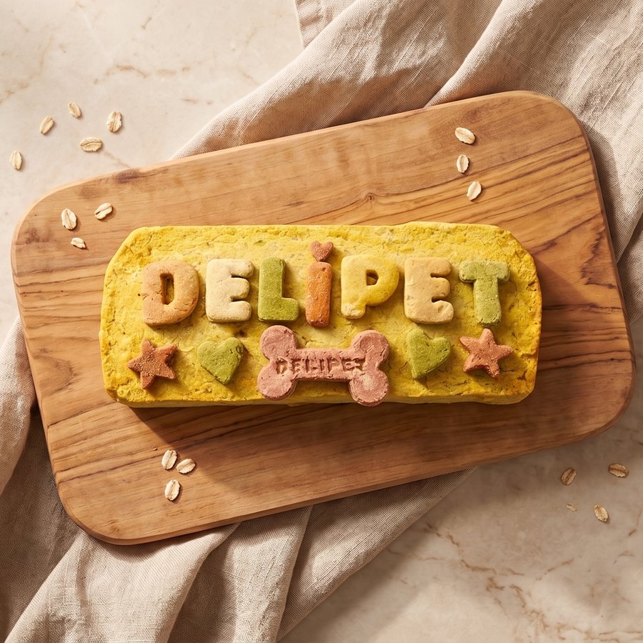 Torta rectangular de pollo con letras DELIPET, estrellas, corazones y un hueso con el nombre Delipet