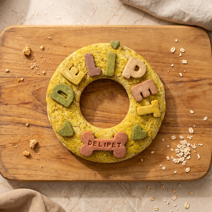 Torta redonda de pollo con letras DELIPET, corazones y un hueso con el nombre Delipet
